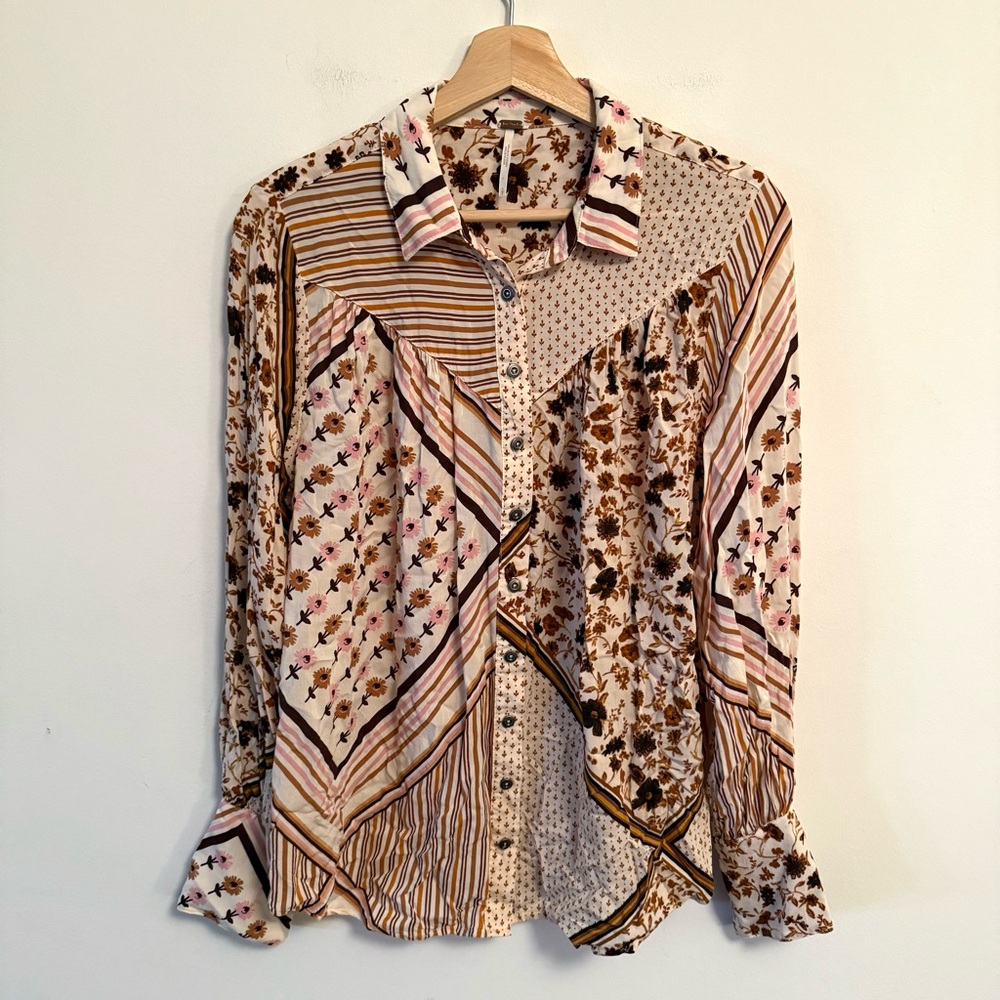 Free People Hazel Patchwork Button Down Blouse Sm… - image 3